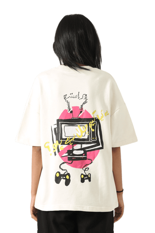 "games we play" printed beige t shirt