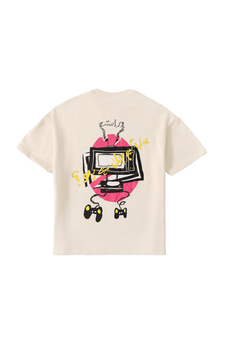 "games we play" printed beige t shirt