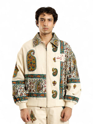 "95" beige block print bomber jacket