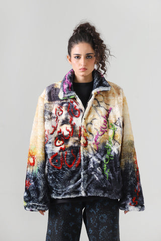 "FAMILY FIRST" PRINTED FAUX FUR JACKET