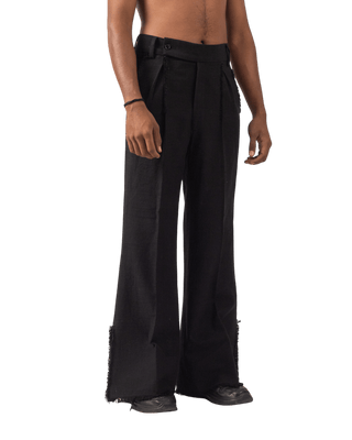 BLACK FRAYED KHADDAR DOUBLE-PLEATED PANTS