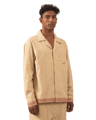 KHAKI BLOCK PRINT KHADDAR BUTTON DOWN