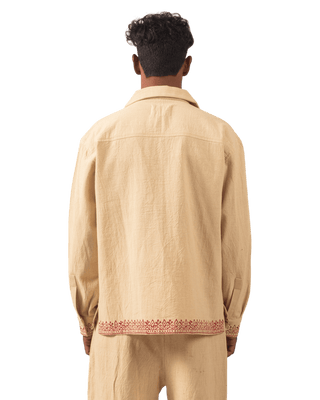 KHAKI BLOCK PRINT KHADDAR BUTTON DOWN