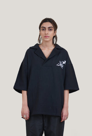 Black Hand Woven Logo Print Khaddar Shirt - Rastah