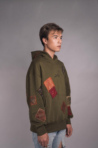 Olive Green Jamawar Patchwork Hoodie - Rastah