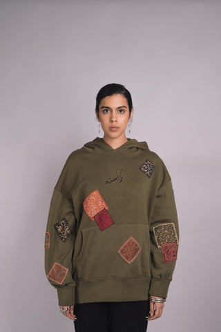 Olive Green Jamawar Patchwork Hoodie - Rastah