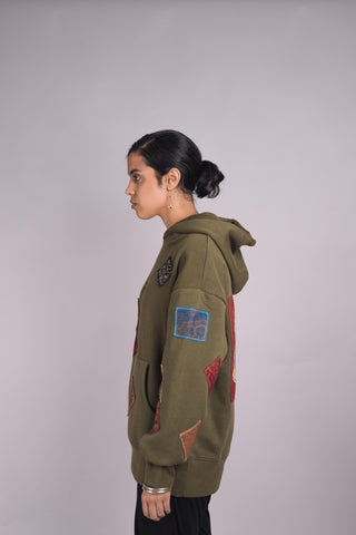 Olive Green Jamawar Patchwork Hoodie - Rastah