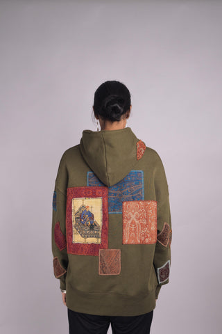 Olive Green Jamawar Patchwork Hoodie - Rastah