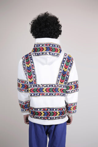 White Block Print Applique Hoodie - Rastah