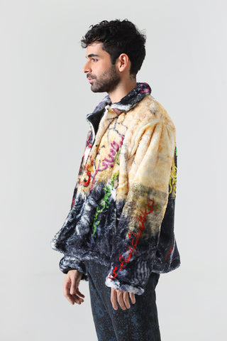 "FAMILY FIRST" PRINTED FAUX FUR JACKET